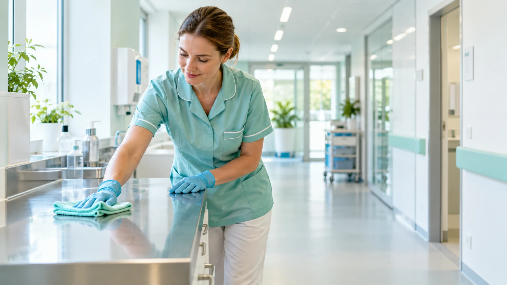 Professionnelle du nettoyage essuyant une surface dans un couloir d’établissement de soins