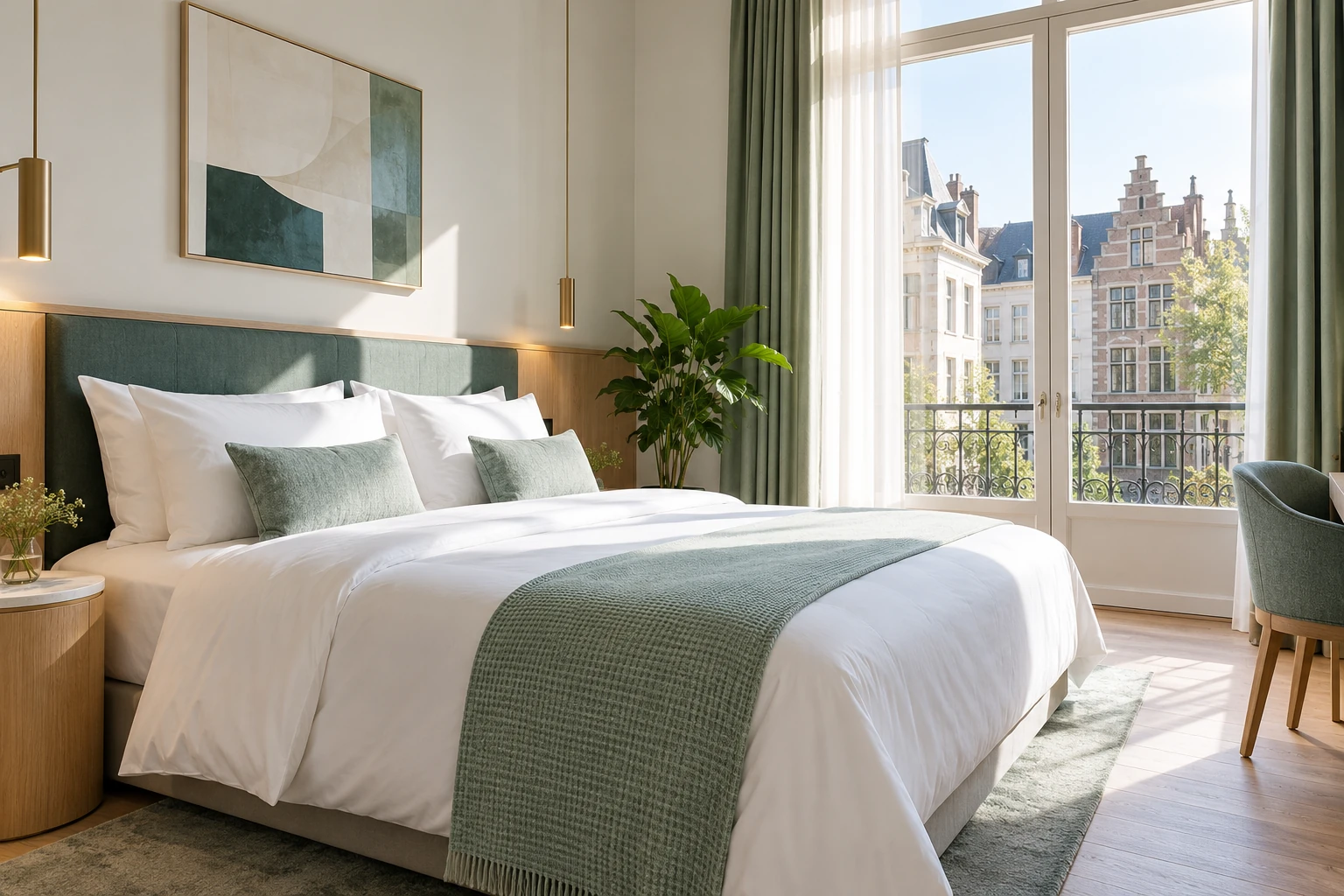 Chambre hôtelière lumineuse avec linge blanc soigné et touches de vert