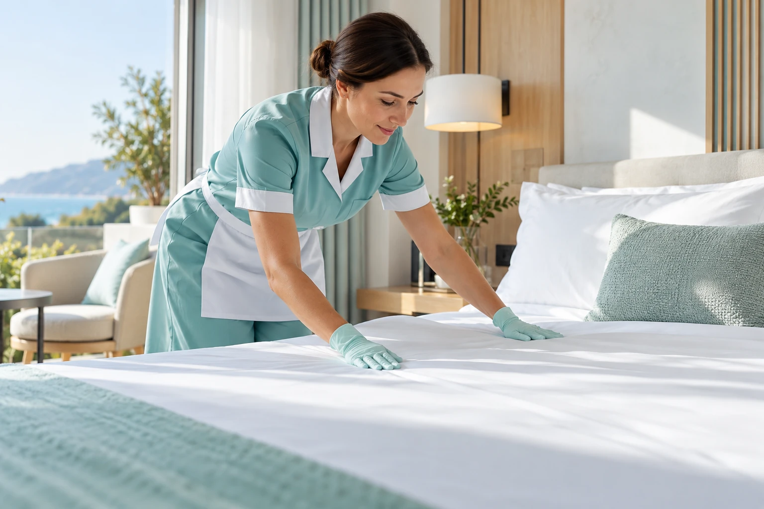 Femme de chambre préparant le linge d’un lit dans une chambre hôtelière