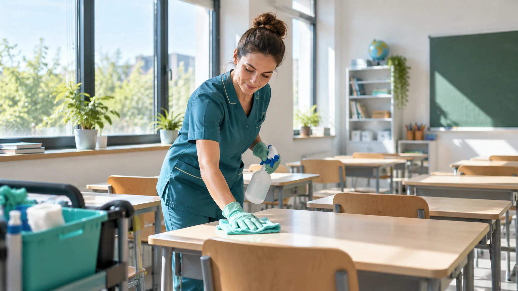 Professionnelle du nettoyage essuyant une table dans une salle de classe vide